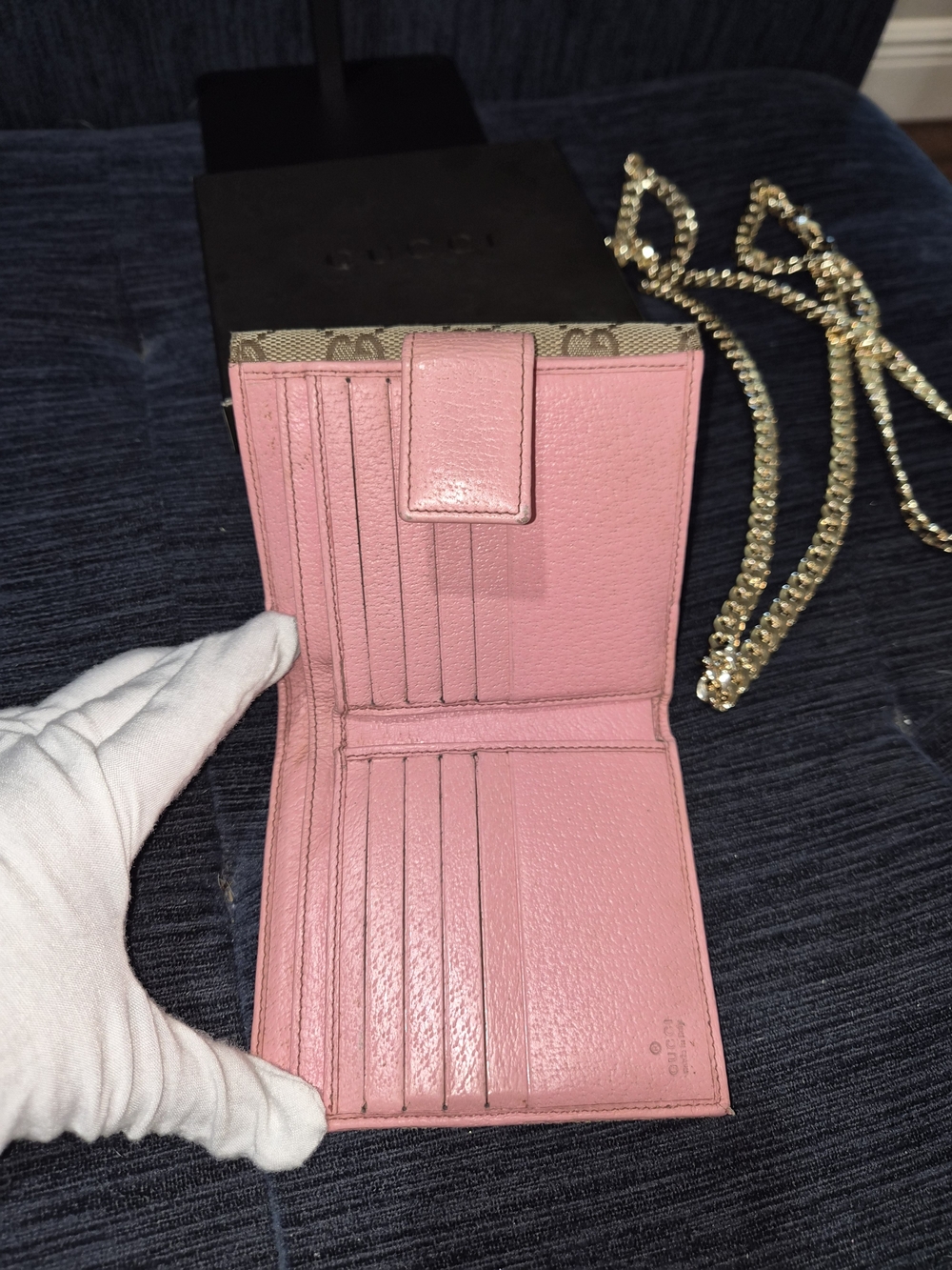 Authentic Gucci GG Canvas Wallet On Chain Pink Leather Crossbody Monogram Box - Picture 10 of 15